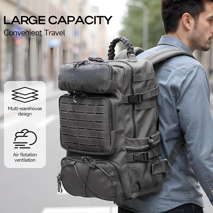Tactical Military Backpack, Large Capacity Molle System, Multi-Compartment Design with Shoe Storage, Black (grey)