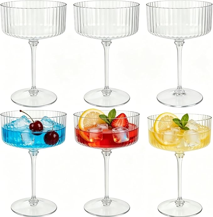 PLULON 6 Pcs Clear Martini Glasses Set 10 Oz Plastic Ribbed Coupe Glass, Cocktail Glasses Champagne Cup Tower Vintage Margarita Glassware for Cocktail Wine Bar Drinking Wedding Party Outdoor Events