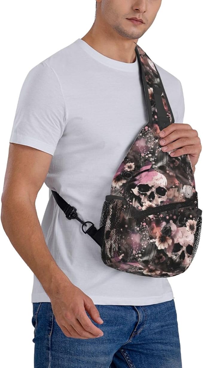 Flowers And Skulls Sling Bag For Women Men Halloween Backpack Crossbody Skull Shoulder Bag Sling Backpack Chest Bag Travel Hiking Casual Sport Daypack
