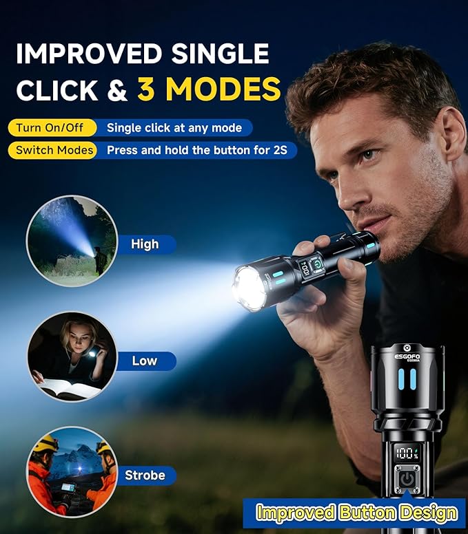 Esgofo Rechargeable Flashlights High Lumens 100000, Single Click Button Design, Super Bright 30W LED, Long Lasting 15H, USB C Input & Output, LCD Power Display, 6.69” Length, for Camping Hiking Home