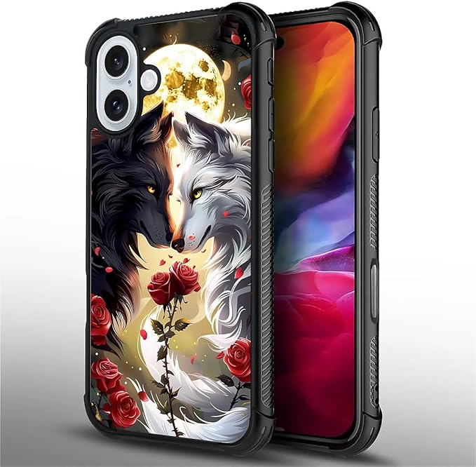 for iPhone 16 Plus Case, Black White Wolf Moon Flower Rose Pattern Graphic Design Girl Boy Soft Silicone Hard Acrylic Shock Protection for iPhone 16 Plus