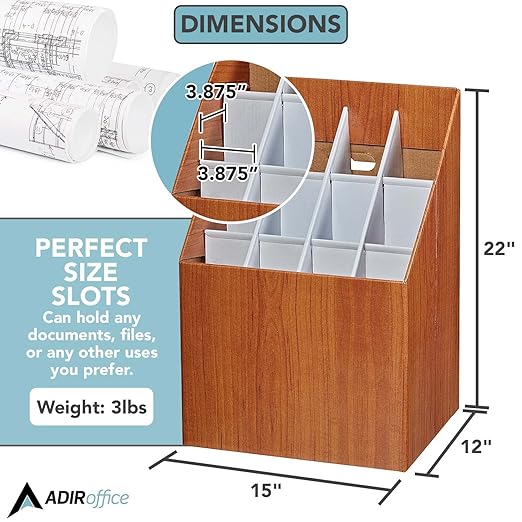 Adir Corp. 627 Upright Roll File Corrugated Box with 12 Slots, Walnut Wood Grain