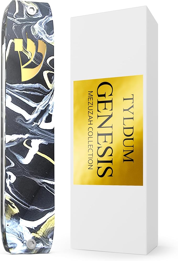 Genesis Mezuzah for Door – Modern Acrylic Mezuzah Case Without Kosher Scroll – Handmade in Canada Judaica Gift, Weatherproof, Jewish Artisan Design, Clear Case (Classic, Black Marble)