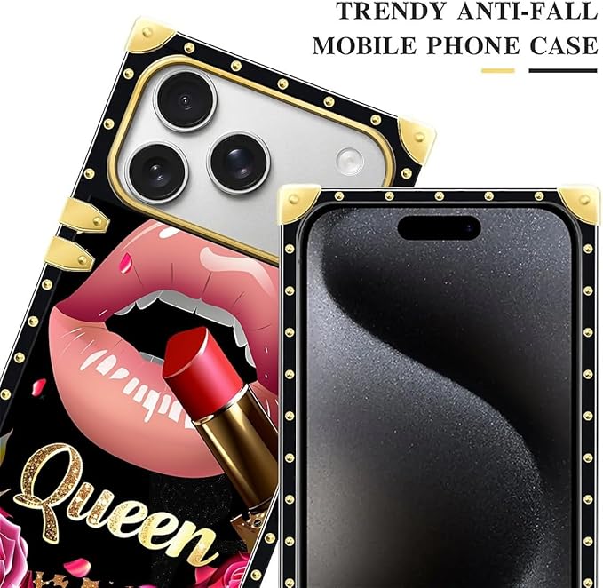 for iPhone 17 Pro Max Case Luxury Golden Decoration for Girl Women Soft TPU Shockproof Protective Hard PC Back for iPhone 17 Pro Max Crazy Pattern Glitter Red Rose Queen Leopard Lipstick