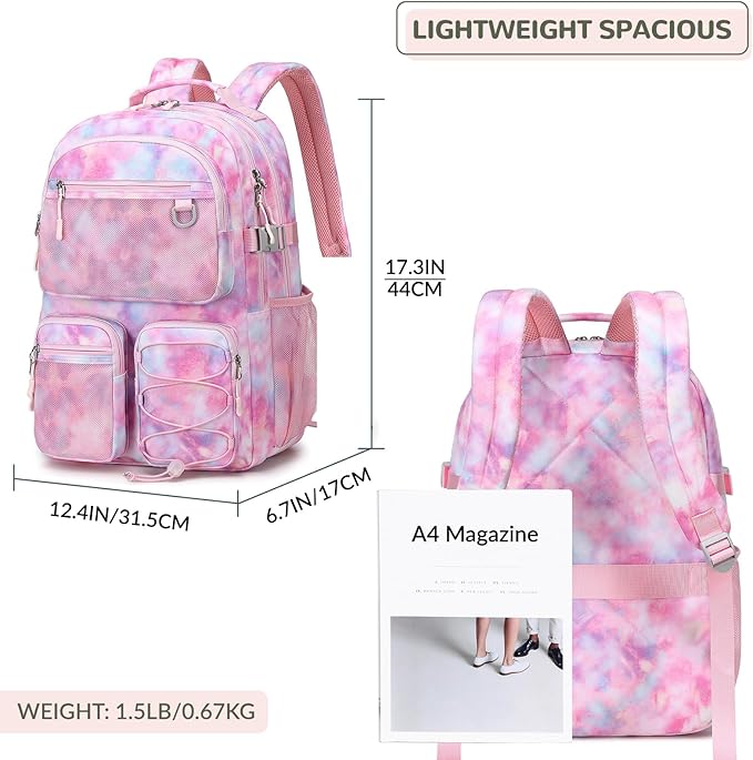 Lohol Multi-Pocket Backpack for School College Travel, Heavy Duty Big Bookbag with 15.6 inch Laptop Compartment (Pink Galaxy