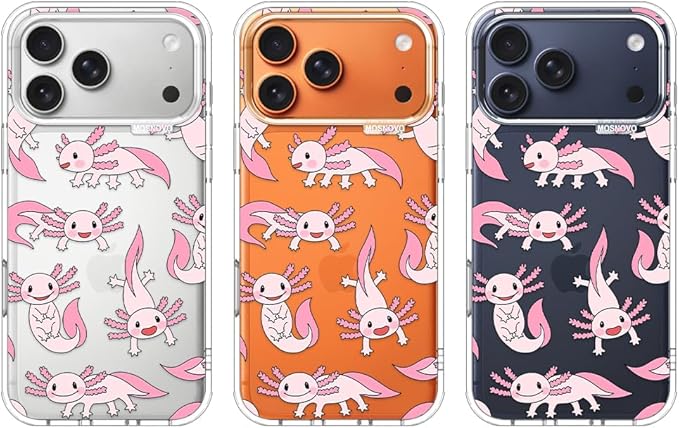 MOSNOVO for iPhone 17 Pro Max Case | Military Grade 6.6ft Drop Tested | Camera Control | Clear with Pink Axolotl Design