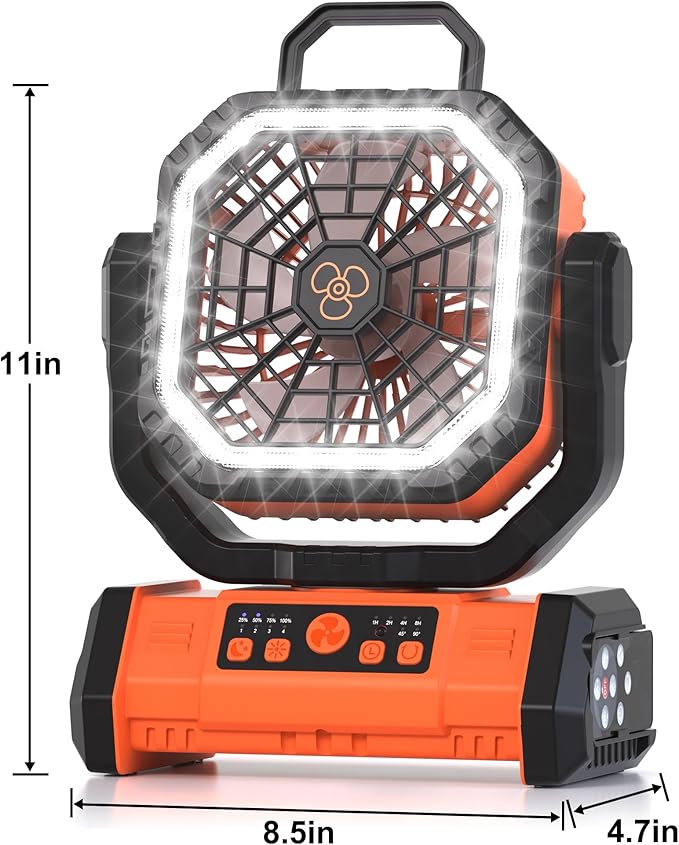 Honesorn Portable Rechargeable Fan 20000mAh, Camping Fan with LED Light & Remote, USB C Cordless Battery Powered, 4 Speeds Timer Hanging Hook for Travel Tent Outdoor Essentials - Orange