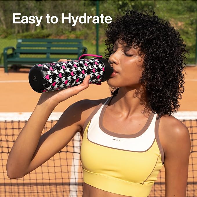 ENCOOL Valentine's Day Insulated Water Bottle with Straw Stainless Steel Water Bottle, Leak-Proof, BPA-Free, Keeps Cold for 24 Hours for Sports, Travel, School (26 oz,Bold Hearts Valentine x Black)