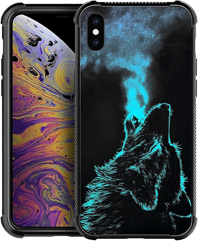 for iPhone Xs Max Case, Blue Breathing Wolf Pattern Graphic Design Girl Boy Soft Silicone Hard Acrylic Shock Protection for iPhone Xs Max