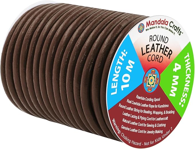 Mandala Crafts Round Cowhide Genuine Brown Leather Cord for Jewelry Making Kumihimo Leather Rope Spool - Brown String Lace - 11 Yds 4mm Cording