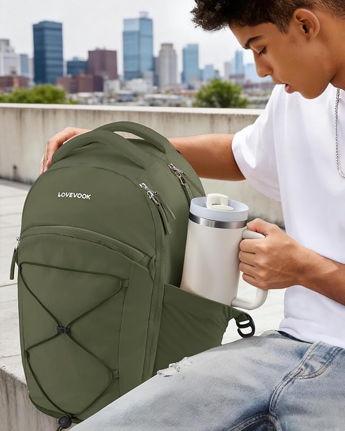 LOVEVOOK Everyday Laptop Backpack for Women & Men With Tumbler Holder,15.6 Inch Classic Travel Work College Teacher Carry on Backpack Purse,Waterproof Computer laptop Bag Hiking Backpack,Olive Green