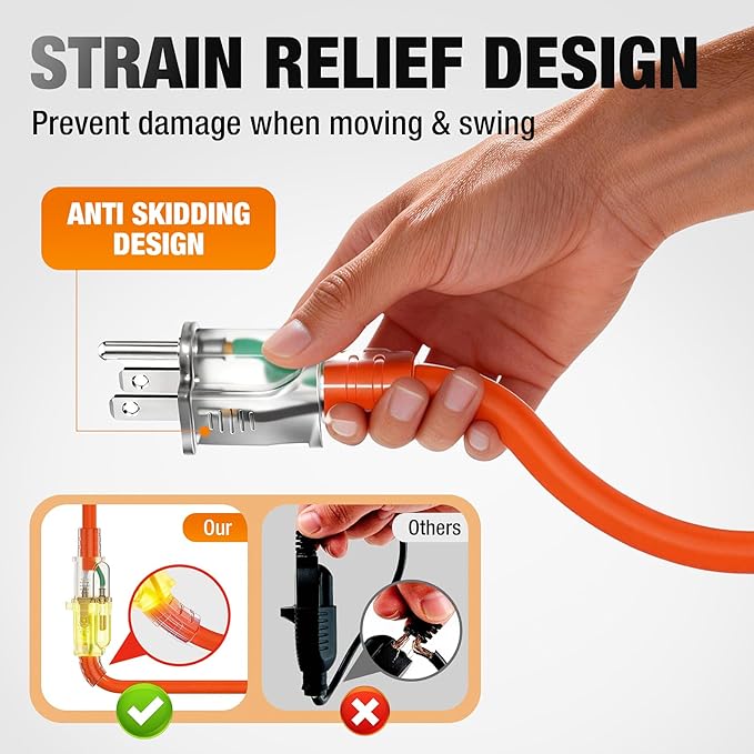 10 FT Outdoor Extension Cord Waterproof, 16/3 Gauge Heavy Duty 3 Prong Power Cord with Lighted Indicator End, 13A 125V 1625W SJTW, ETL Listed, Great for Lawn/Garden/Home(Orange)