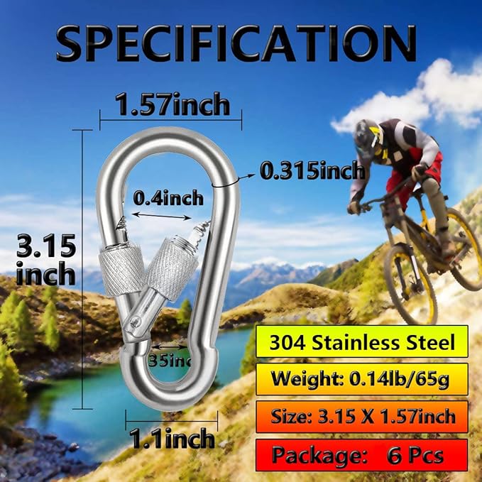 Locking Carabiner Clips, Stainless Steel Spring Snap Hook Locking Carabiner Heavy Duty - 304 Premium Stainless Steel Thumb Screw Carabiner Clip
