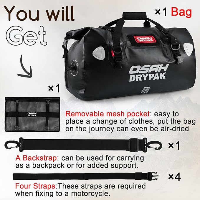 OSAH DRYPAK Waterproof Duffel Bag - Motorcycle Dry Bag Tail Bag with Large Storage Space, Waterproof Luggage Duffle Bags with Outer Mesh Zipper Pocket for Camping, Kayaking, Fishing & Traveling