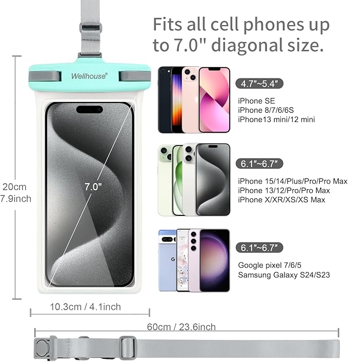 wellhouse Waterproof Phone Pouch, Waterproof Phone Case for iPhone 17 16 15 14 13 Pro Max XS Samsung, IPX8 3D Cellphone Dry Bag Beach Essentials (2 Pack - Black & Green7.0， 7 inch)