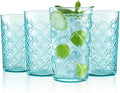 CREATIVELAND Drinking Highball Glasses Set of 4, Vintage Cross Hatch Glass Cups, 15.5oz Tall Drinking Water Glasses, Dishwasher Safe Blue Glass Tumbler Glassware for Water, Juice, Cocktail, Coffee