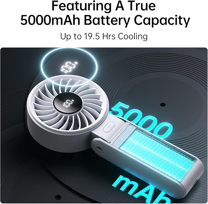 JISULIFE Handheld Fan Life7 – Ultimate Flexibility: Wide & Strong Airflow, 19.5H Max Cooling, 5000mAh Rechargeable, 5-Speed, LED Display, 3 IN 1 Portable Fan for Travel, Concerts, Sports Events(Grey)