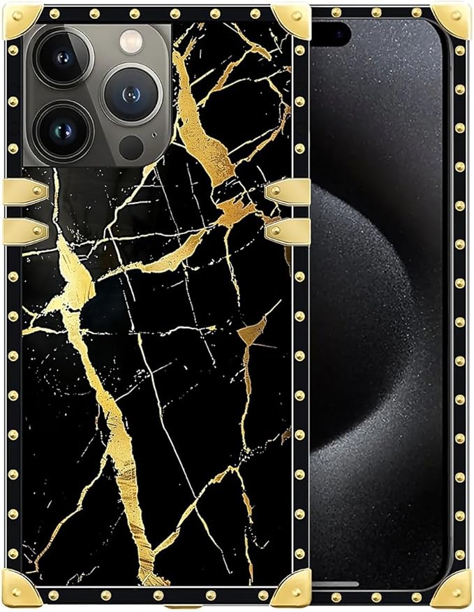 Compatible with iPhone 16 Pro Case, Black Gold Marble Nature Luxury Golden Decoration for Girl Women Soft TPU Shockproof Protective Hard PC Back