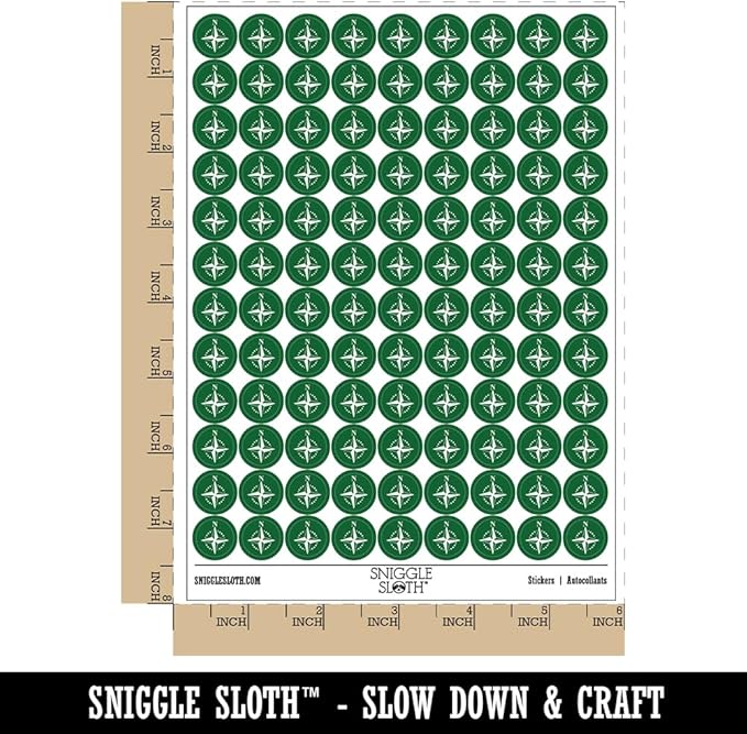 Compass Rose Nautical Star Navigation Map 200+ Round Stickers - Matte Finish - 0.50" Size - Dark Green