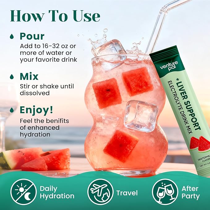 Venture Pal Hydration Packets + Liver Support- Liquid Daily IV Electrolyte Powder Packets with 7 Electrolytes & 5 Vitamins, Milk Thistle + L-Theanine | Sugar-Free | Keto Friendly | Vegan, 16 Sticks