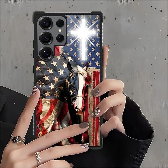 for Samsung Galaxy S25 Ultra Case,Graphic Design for Girl Boy Soft Silicone Hard Acrylic Shock Protection Designed for Samsung Galaxy S25 Ultra Red American Flag Horse Cross Pattern