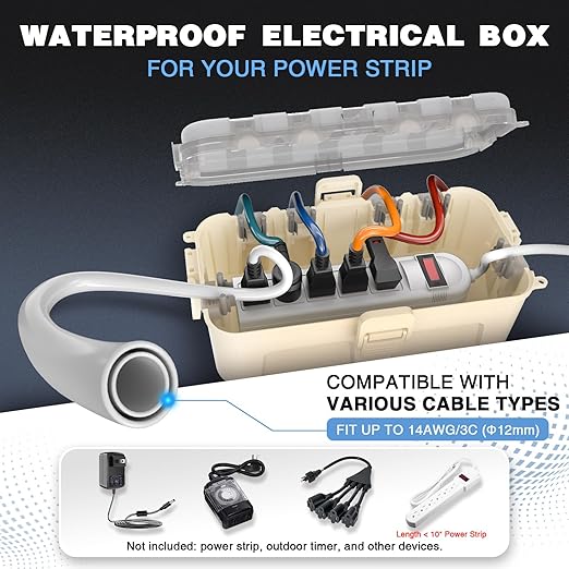 Flemoon Medium Outdoor Electrical Box Waterproof with Clear Lid, Weatherproof Extension Cord Cover for Photocell Light Sensor Timer, Power Strip, Outlet, Plug, Socket, Transparent and Almond