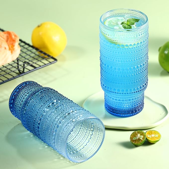 Large Capacity 16 oz Hobnail Drinking Glasses Set of 6,Vintage Glassware Drinking Glasses, Gradual Blue Water Glasses Tumbler, Cups for Kitchen, Juice, Beer, Cocktail, Whiskey