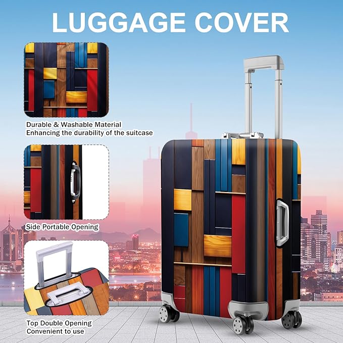 ANNA QUEEN Modern Geometric Wood Luggage Cover, Abstract Panel Suitcase Protector for 20-22 Inch Luggage