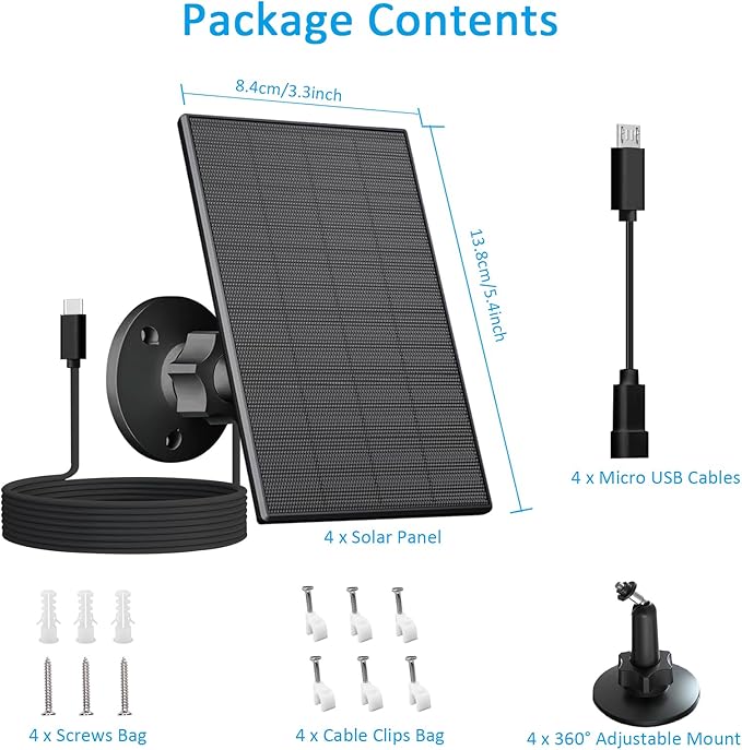 2W Solar Panel for Security Camera Outdoor, USB/USB-C Charger with IP65 Waterproof, 360° Adjustable Mount & 7.2ft Cable, Compatible with Rechargeable Battery Cameras (4 Pack, Black)