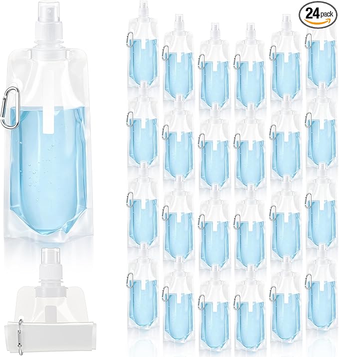 Teenyyou 24 Pack Collapsible Water Bottles Bulk 16oz Foldable Water Bottles with Carabiner Reusable Drinking Leak Proof Container Bags for Sport Biking Hiking Camping Travel Outdoor (Transparent)