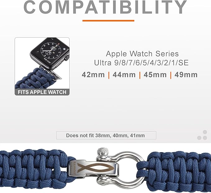 Savior Survival Gear Paracord Band,Compatible with Apple Watch Band 49mm 46mm 45mm 44mm 42mm,iWatch Band Series Ultra 10 9 8 7 6 5 4 3 2 1 SE,Adjustable strap for men (Dark Blue w/Silver Clasp,Large)