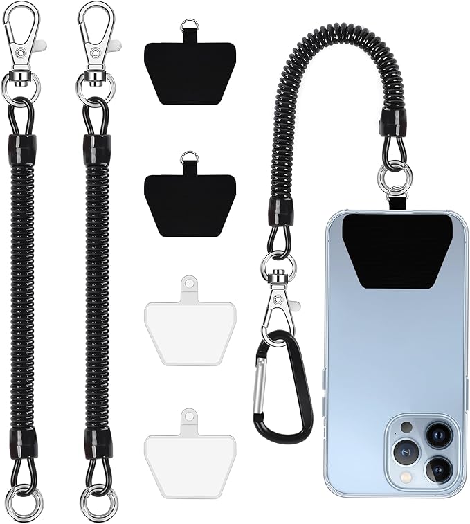 takyu Phone Tether, 2PCS Phone Leash Anti-theft Phone Strap with 4*Patch and 1*Carabiner for Outdoor Hiking Climbing Fit for iPhone Samsung Most Smartphones (Black+Black)