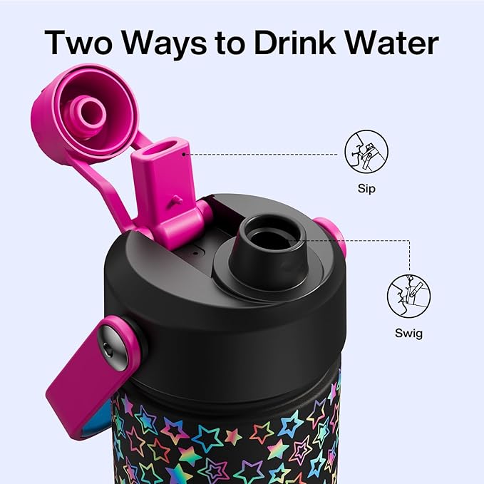 ENCOOL Insulated Water Bottle with Straw Stainless Steel Water Bottle, Glow in the Dark, Leak-Proof, BPA-Free, Keeps Cold for 24 Hours for Sports, Travel, School (26 oz, Neon Starfall)