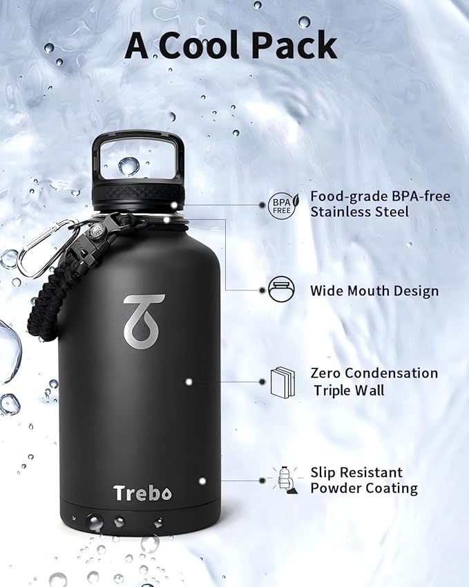 Trebo 64oz Water Bottle,Large Stainless Steel Water Jug with 3 Lids, Triple Wall Vacuum Sports Thermo bottle Keep Hot 24 Hours & Cold 48 Hours,Wide Mouth Flask,Black