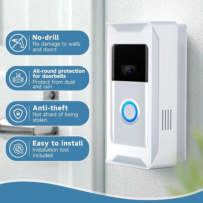 Anti-Theft Video Doorbell Mount Compatible with Ring/Blink Wireless Camera Doorbell, Adjustable Angle Mount No-Drill Battery Doorbell Bracket for Houses, Apartments, Businesses（White