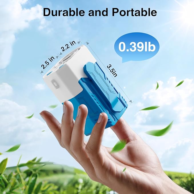 Portable Fan 4000mAh Rechargeable, 4 Speeds 13000RPM Strong Airflow, Personal Waist Fan with Max 24H Working Time, Wearable Clip Belt fan for Camping, Outdoor, Jobsite, Traveling -Blue & White