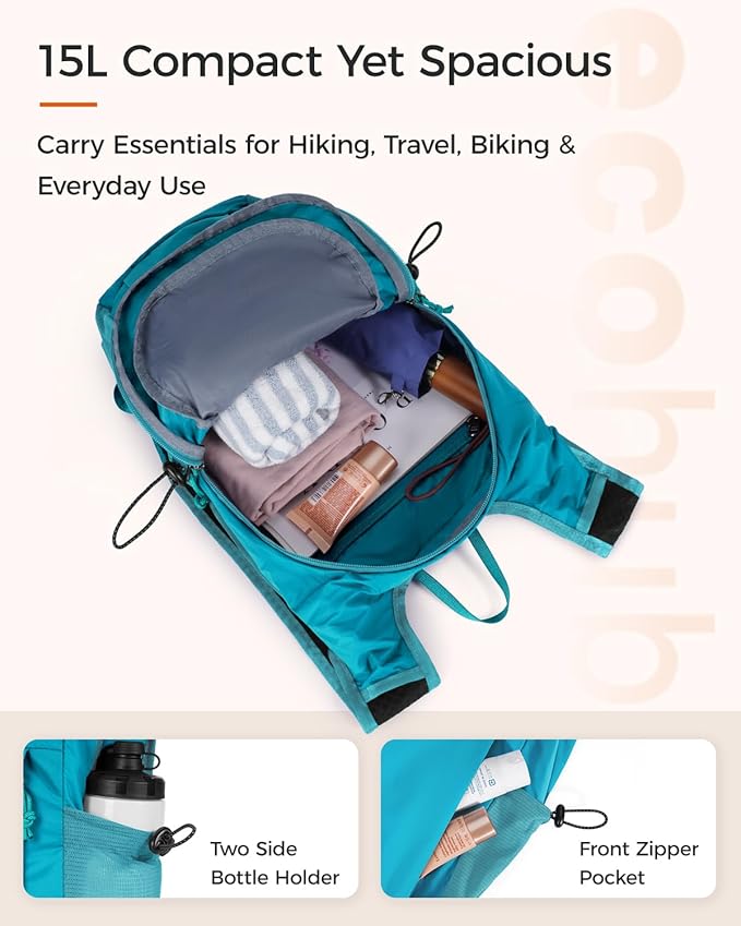 ECOHUB 15L Lightweight Packable Hiking Backpack for Travel, Small Daypack with Chest Strap & Phone Pocket, Water Resistant Foldable Backpack for Men Women