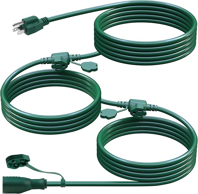 25Ft Outdoor Extension Cord Multiple Plugs- Evenly Spaced 3 Outlets Plugs with Safety Cover, 16/3 SJTW Green Outdoor Extension Cord for Landscape, Christmas Tree Lights, Holiday, ETL Listed