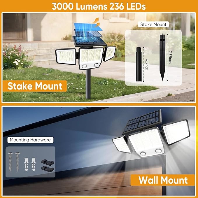 MDCMDCM Solar Motion Sensor Outdoor Lights Waterproof - 3000LM 3 Modes Security Lights Outdoor 270° Illumination IP65 LED Solar Flood Wall Light for Garden Yard Patio Pathway (with Stakes, 4)