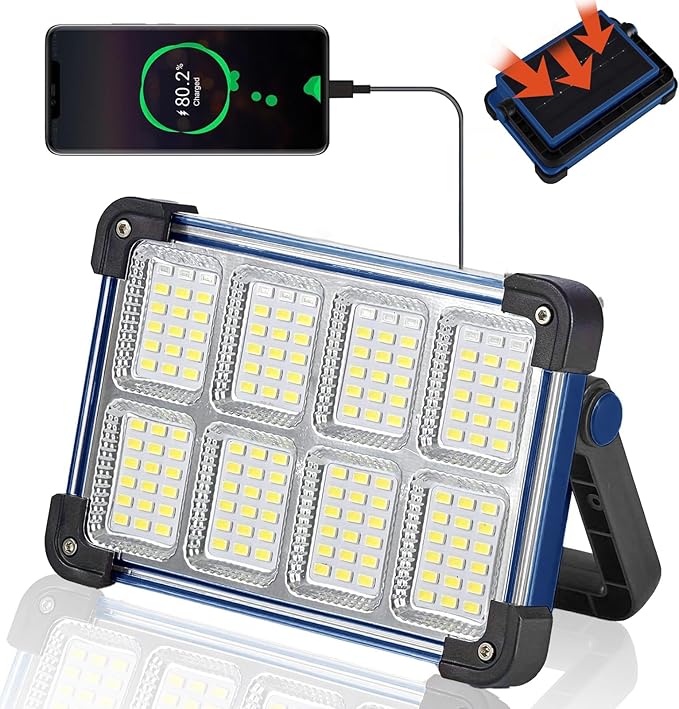 120W Solar Rechargeable Work Light, 144 LED Portable Flood Light with Stand, IP66 Waterproof 4 Modes LED Job Site Lighting Flashlights for Mechanic Camping Fishing Car Repair(Blue 1 Pack)