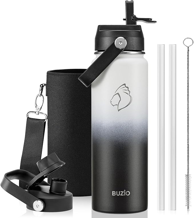 BUZIO 24 oz Water Bottle Insulated, Leakproof Stainless Steel Flask (Cold for 48 Hrs), Wide Mouth BPA-Free Metal Thermo Hydro Canteen with 2 Lids, Day & Night