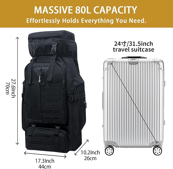80L Camping Hiking Backpack, Large Military Tactical Backpack with USB Charging Port, Waterproof Travel Daypack With Carabiner Outdoor MOLLE Rucksack for Men Women (Black)