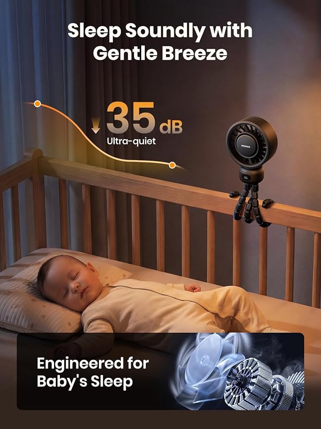 Warmco Portable Stroller Fan, 4000mAh Rechargeable Clip On Fan with Flexible Tripod (Up to 15H), 4 Speeds, LED Display, Detachable Grille, Quiet Operation, for Car Seat, Crib & Treadmill