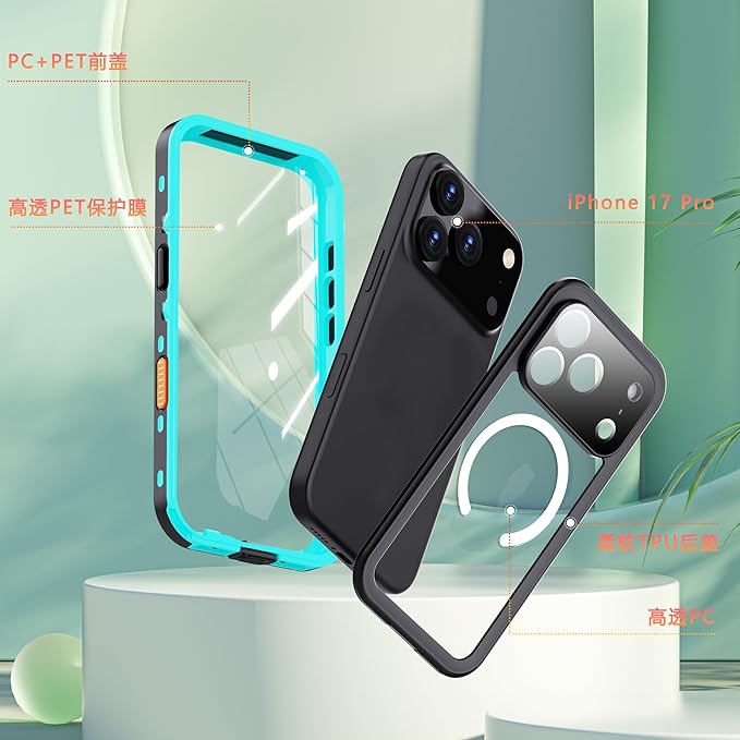 Waterproof Case for iPhone 17 Pro – IP68 Submersible Shield with Built-in Screen Protector, Shockproof Military-Grade Armor, Full-Body Heavy-Duty Protection, (Teal)