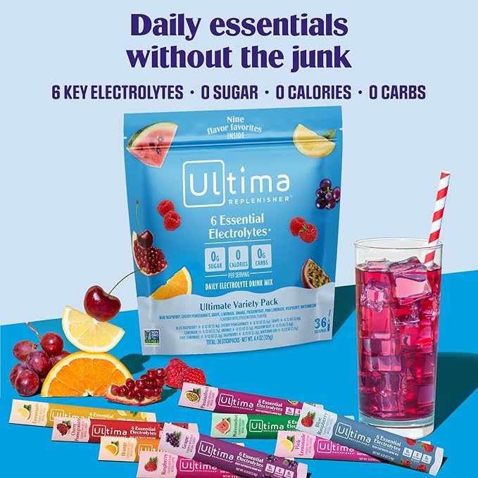 Ultima Replenisher Daily Electrolyte Powder – Ultimate Variety Pack, 36 Stickpacks – Zero Sugar Hydration Packets with 6 Electrolytes and Minerals – Sugar Free, Plant Based & Keto Friendly Drink Mix