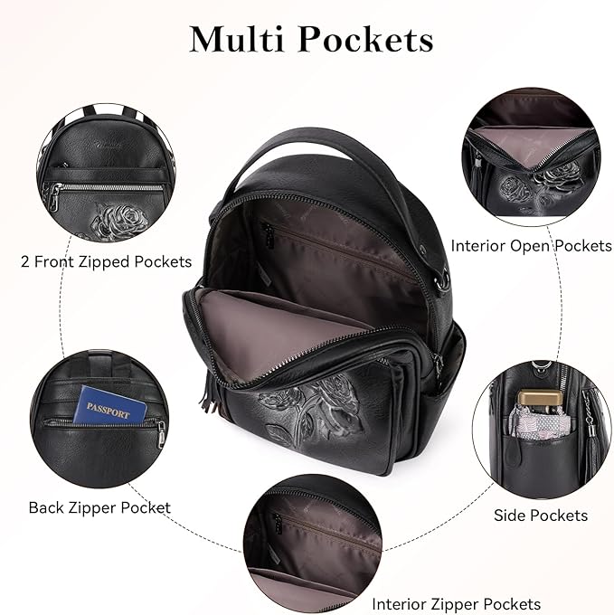 Mini Backpack Purse for Women,Embossed Leather Small Backpack Fashion Travel Backpacks Daypacks Shoulder Handbag (BLACK-Flower)