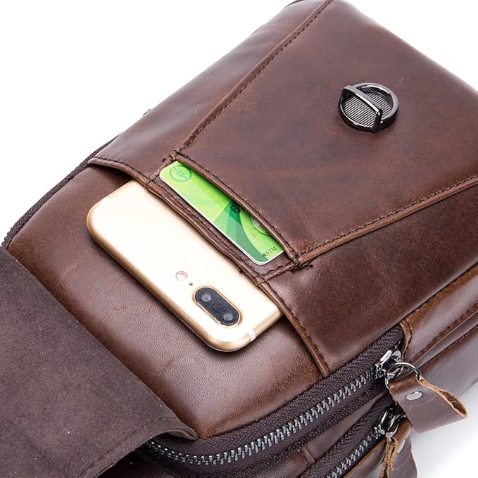 Hebetag Leather Sling Bag Crossbody Backpack for Men Women Outdoor Travel Work Shoulder Chest Pouch Camping Casual Daypack Coffee 18cm(W) x8cm(D) x30cm(H)(7.08"x3.14"x11.81") approx;
