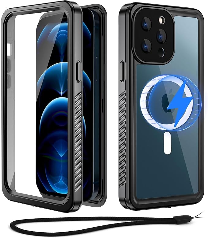 Beeasy for iPhone 12 Pro Max Waterproof Case [Compatible with Magsafe] [Built-in Screen Protector], 360 Full Body Heavy Duty Phone Case, Military Grade Shockproof Dustproof,Magnetic Black