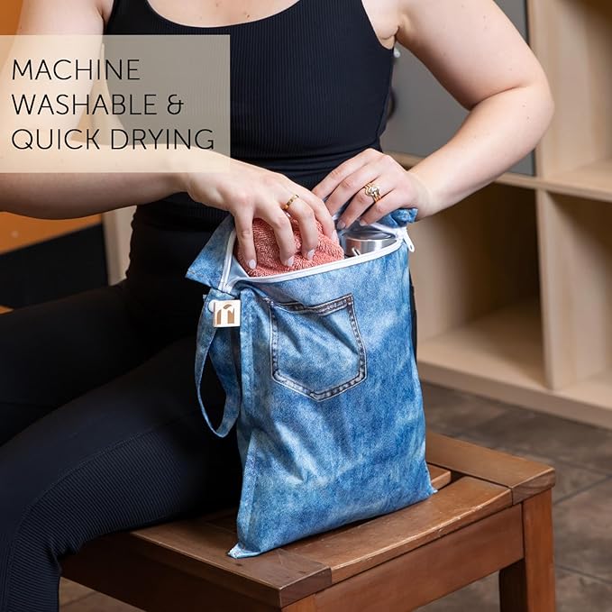Bumkins Roamio - Waterproof Wet Bag - For Baby, Travel, Swim Suit, Cloth Diapers, Pump Parts, Pool, Gym, Toiletry, Strap to Stroller - Reusable & Easy to Clean - 2pk - Faux Pocket Patch Denim