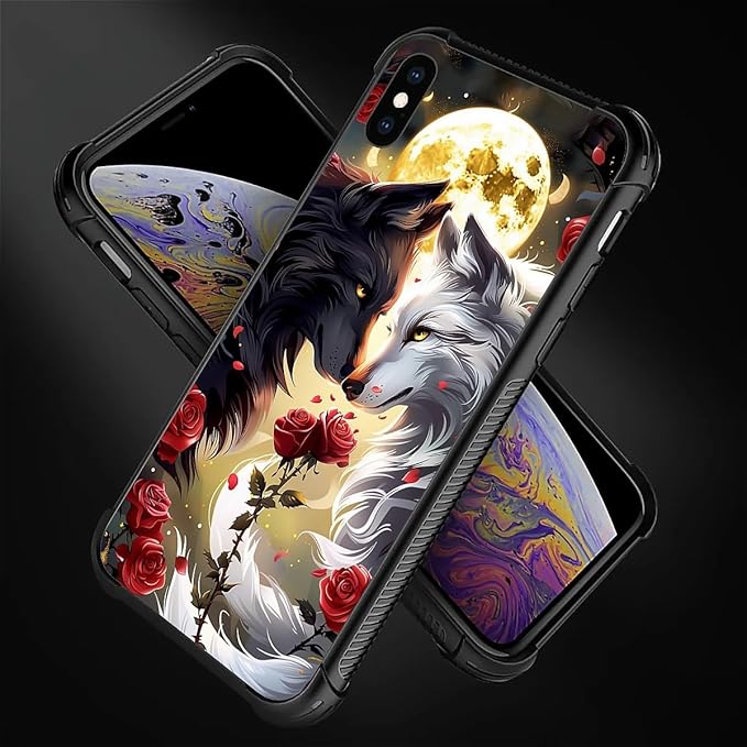 for iPhone X/Xs Case, Black White Wolf Moon Flower Rose Pattern Made of Soft Silicone Hard Acrylic Shock Protection for iPhone X/Xs